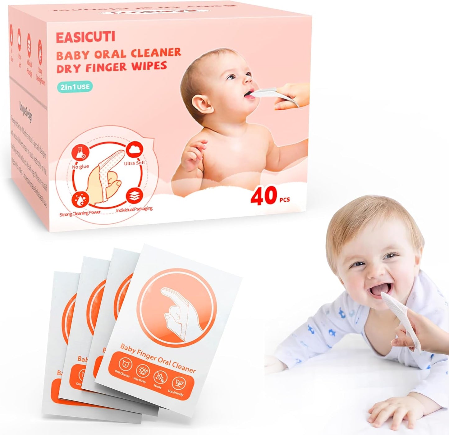EASICUTI 40Pcs Baby Finger Toothbrush, Dry Wipes Baby Toothbrush, Baby Tongue Cleaner, Newborn