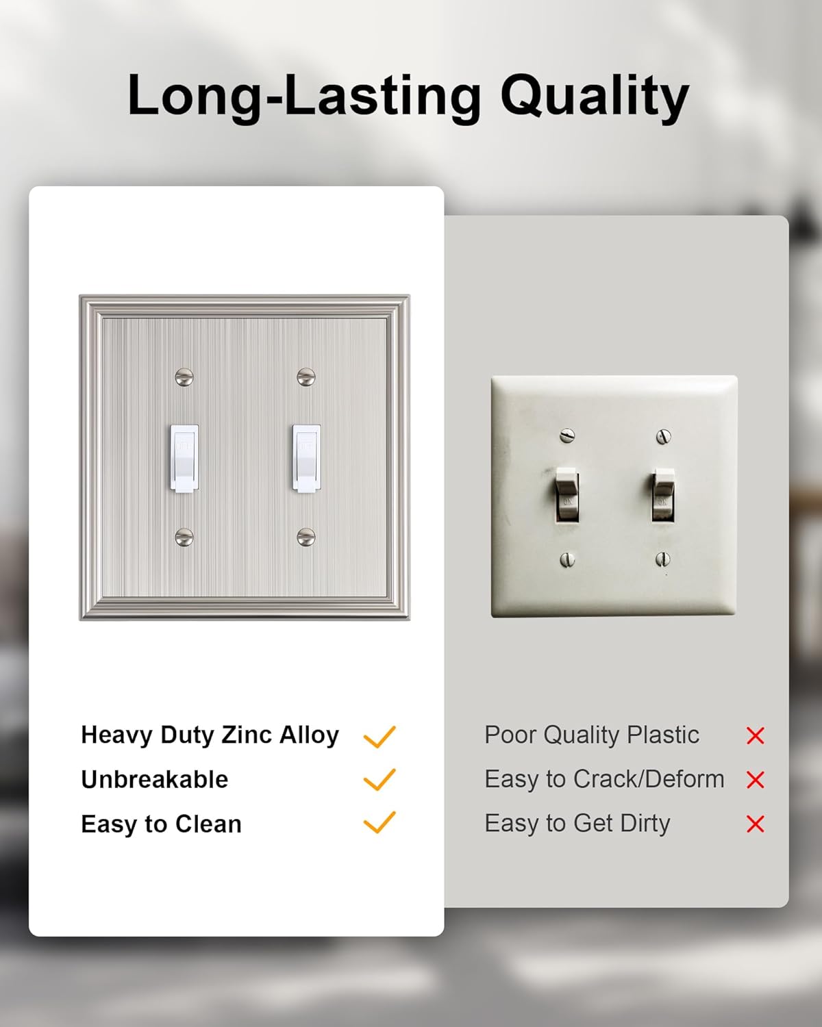 2-Pack Double Toggle Light Switch Cover Plate, Durable Solid Zinc Alloy Decorative Dual Switch Plate Covers, Brushed Nickel 2 Gang Wall Plate, Corrosion Resistant