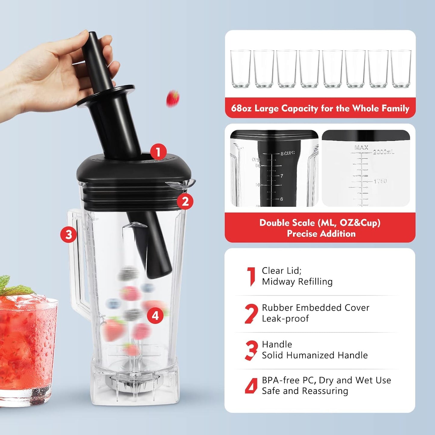Blender 2L Automatic Smoothie Mixer Baby Food Blender 68oz Fruit Vegetables Juicer 2200W High-Speed