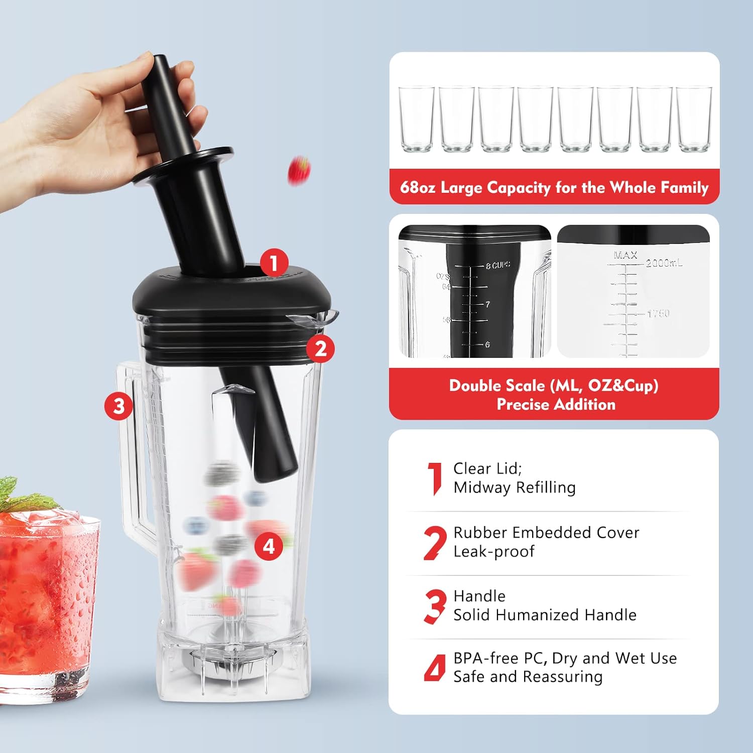 Blender 2L Automatic Smoothie Mixer Baby Food Blender 68oz Fruit Vegetables Juicer 2200W High-Speed