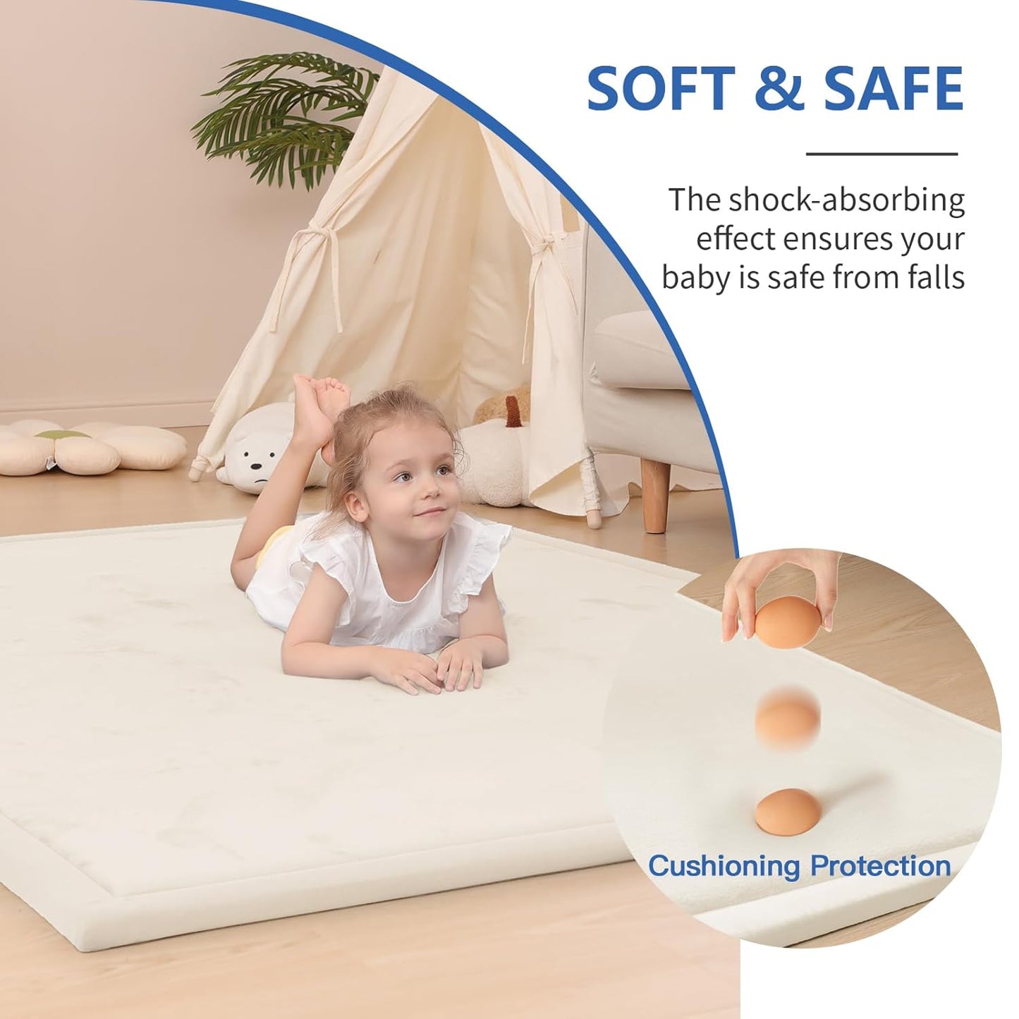 Baby Play Mat for Floor,1.3" Thick Memory Foam Tummy Time Mat for Toddlers,Infants,Kids,Water-Repellent Soft Nursery Rug,Extra Large Non Slip for Crawling&Yoga,Tatami Style for Living Room(Cream)