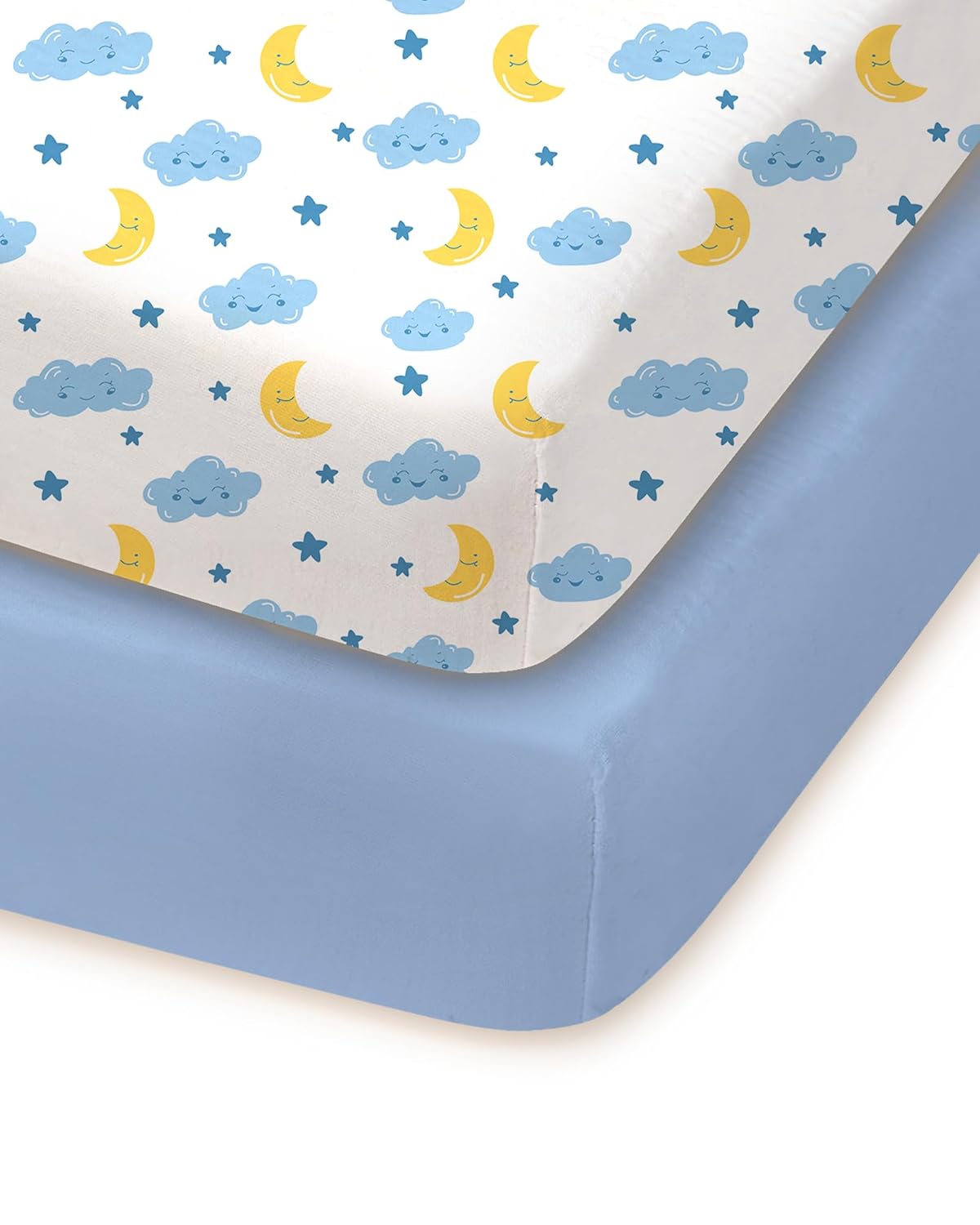 Pack and Play Sheets Fitted, Cloud+Blue Design, Soft and Safe, Hypoallergenic, 2 Pack for Mini Crib