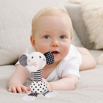 Black & White Elephant Baby Toys 0-12 Months - Plush Sensory Rattle with Teether, Wind Chime, BB Squeaker & Embroidery for Visual, Hearing & Cognitive Development