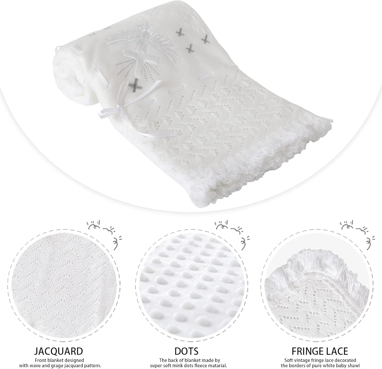 Booulfi Baby Christening Blanket Newborn White Baby Blanket Shawl Neutral Knitted Baptism Blankets