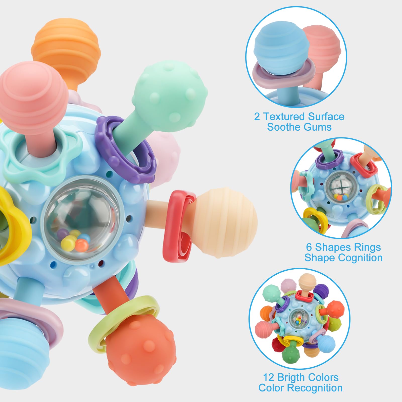 Baby Montessori Sensory Teething Toy 0-6 6-12 Months, Teether Ball & Rattle