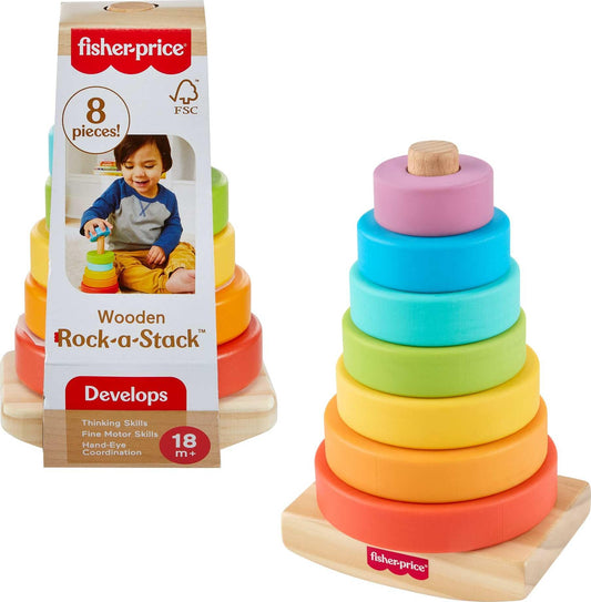 Fisher-Price Wood Toddler Toy Rock-a-Stack, 8-Piece Wooden Ring Stacking Activity for Fine Motor