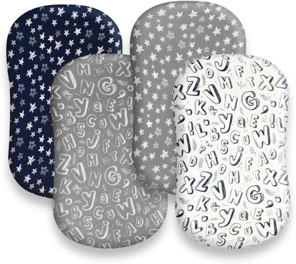 4 Pack Breathable Bassinet Sheets for Baby Boys Neutral Unisex Soft Bassinet Fitted Sheets for Toddler Travel Bassinet (Letter)