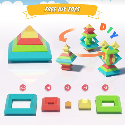 Montessori Toys for Ages 1-3 2-5 Toddlers Kids Baby,Pyramid Stacking Building Toys,3D Preschool Learning Blocks for Kids,STEM Sensory Toy Gifts for 2-4 Year Old Boy Girl,Plastic Storage Bag Set