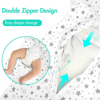 Baby Swaddle 3-6 Months - Arms Up Transitional Swaddles, Transition Swaddle Sack with Removable Cuffs & 2-Way Zipper, Gray Stars Design, Breathable Cotton Newborn Sleep Sacks