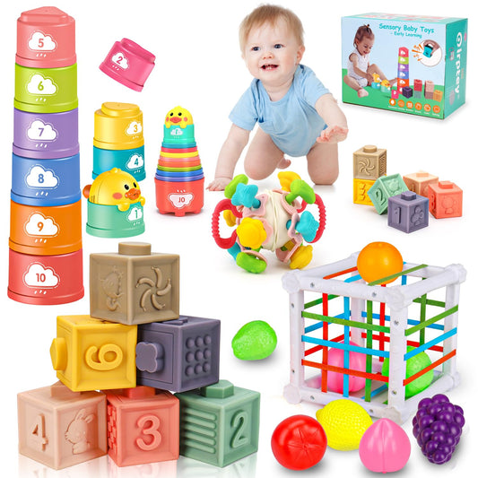 Qirptey Montessori Baby Toy,Stacking Cups Blocks Sensory Bin Teething Toys