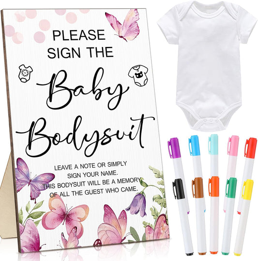 Qunclay 12 Pcs Baby Bodysuit Baby Shower Game Include 1 Game Wooden Sign Tabletop Decor 1 White Blank Newborn Bodysuit 10 Fabric Marker for Gender Reveal Party(Butterfly)