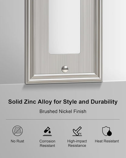 2-Pack Decorator Outlet Cover Plate, Brushed Nickel Decorative Switch Plates and Outlet Covers, Durable Zinc Alloy Wall Plates for Electrical Outlets, Receptacle, GFCI Outlet, Dimmer Switch