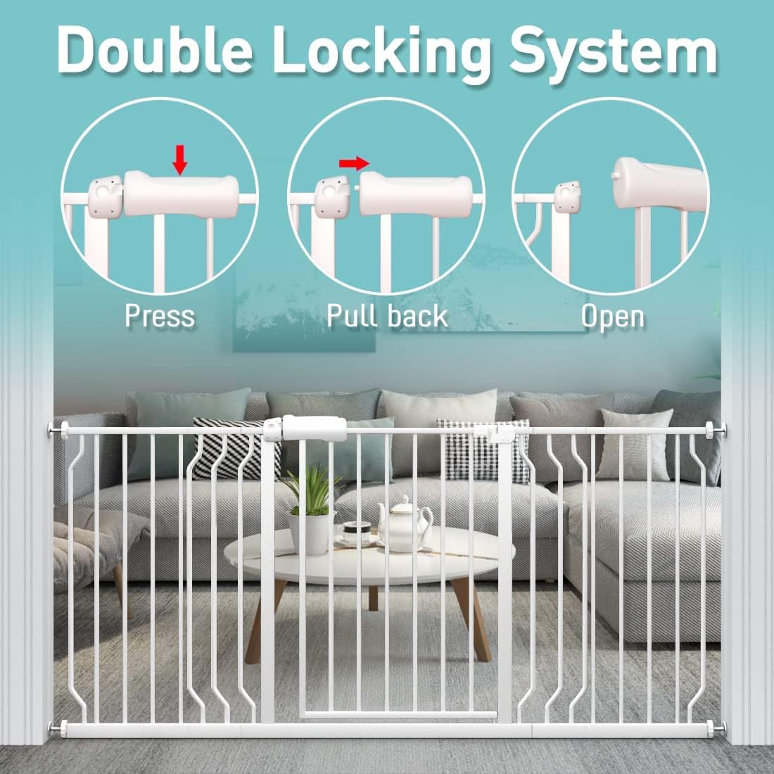 WAOWAO Baby Gate 57.48-62.17" Extra Wide Pressure Mounted Walk Through Swing Auto Close Safety White Metal Toddler Kids Child Dog Pet Puppy for Stairs,Doorways,Kitchen