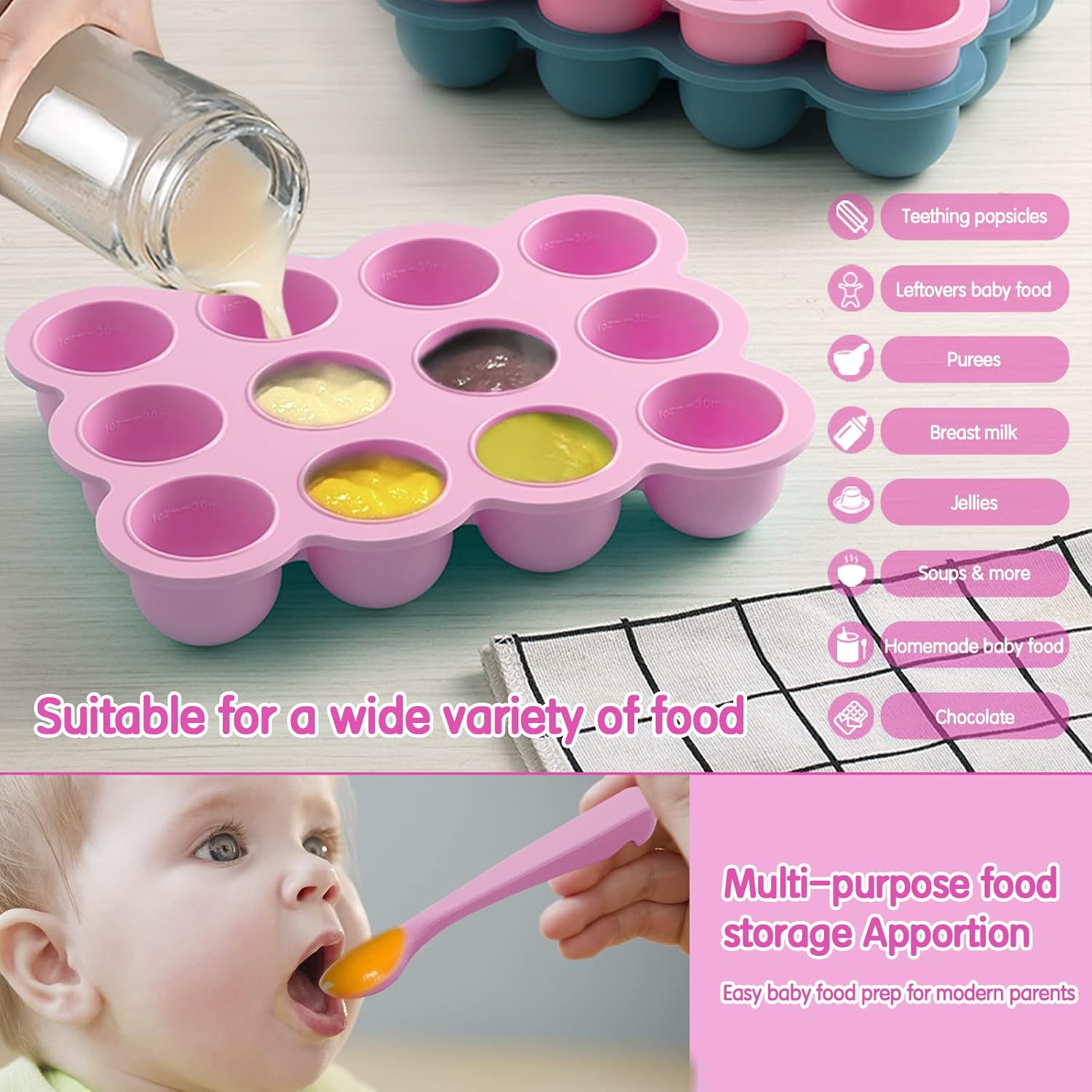 Baby Food Storage - 12 x 1.5 Ounce Silicone Freezer Tray with Lid, Perfect for Homemade Baby Food