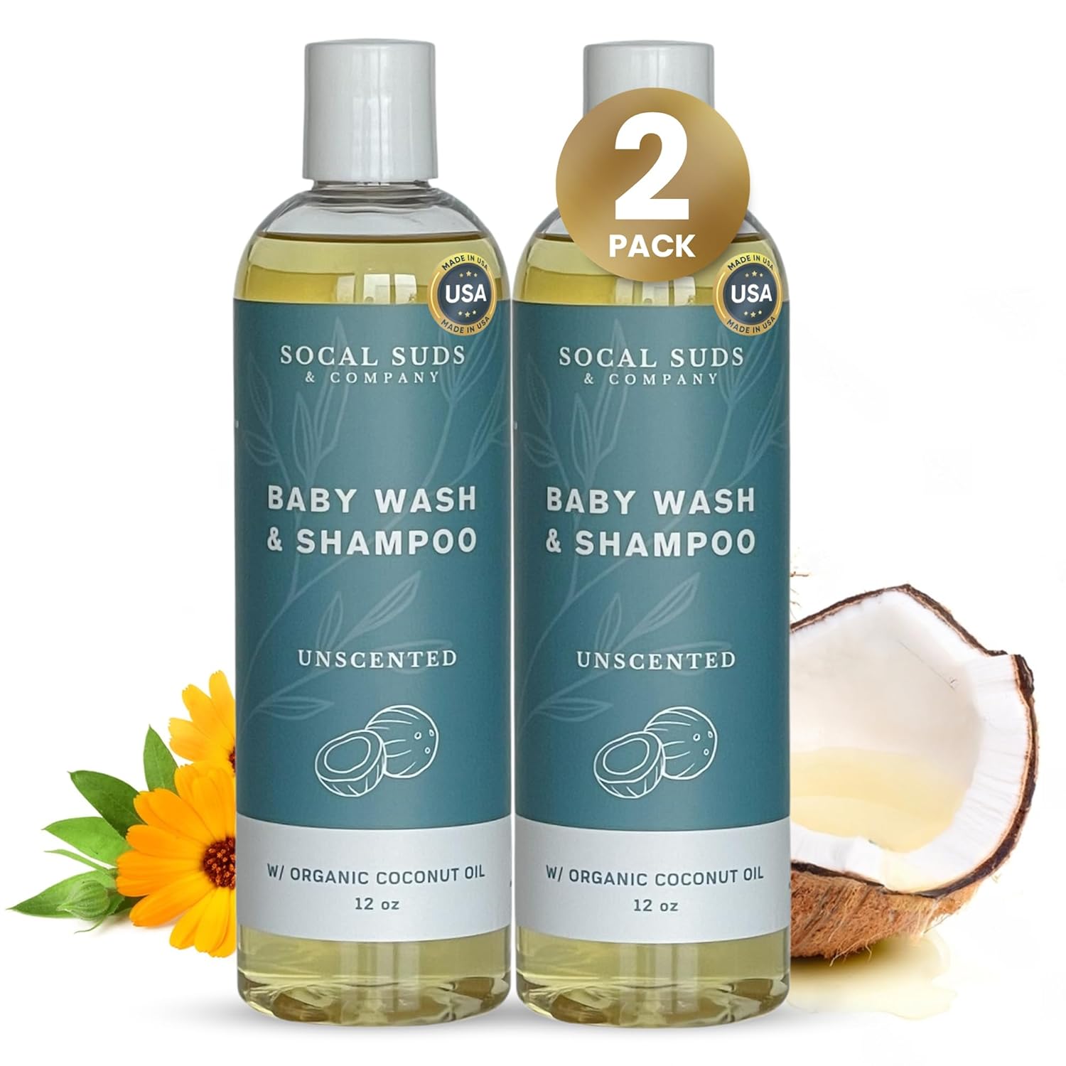 SoCal Suds & Company Baby Shampoo & Body Wash, 2-in-1 Organic Gel - Gentle Castile Soap with