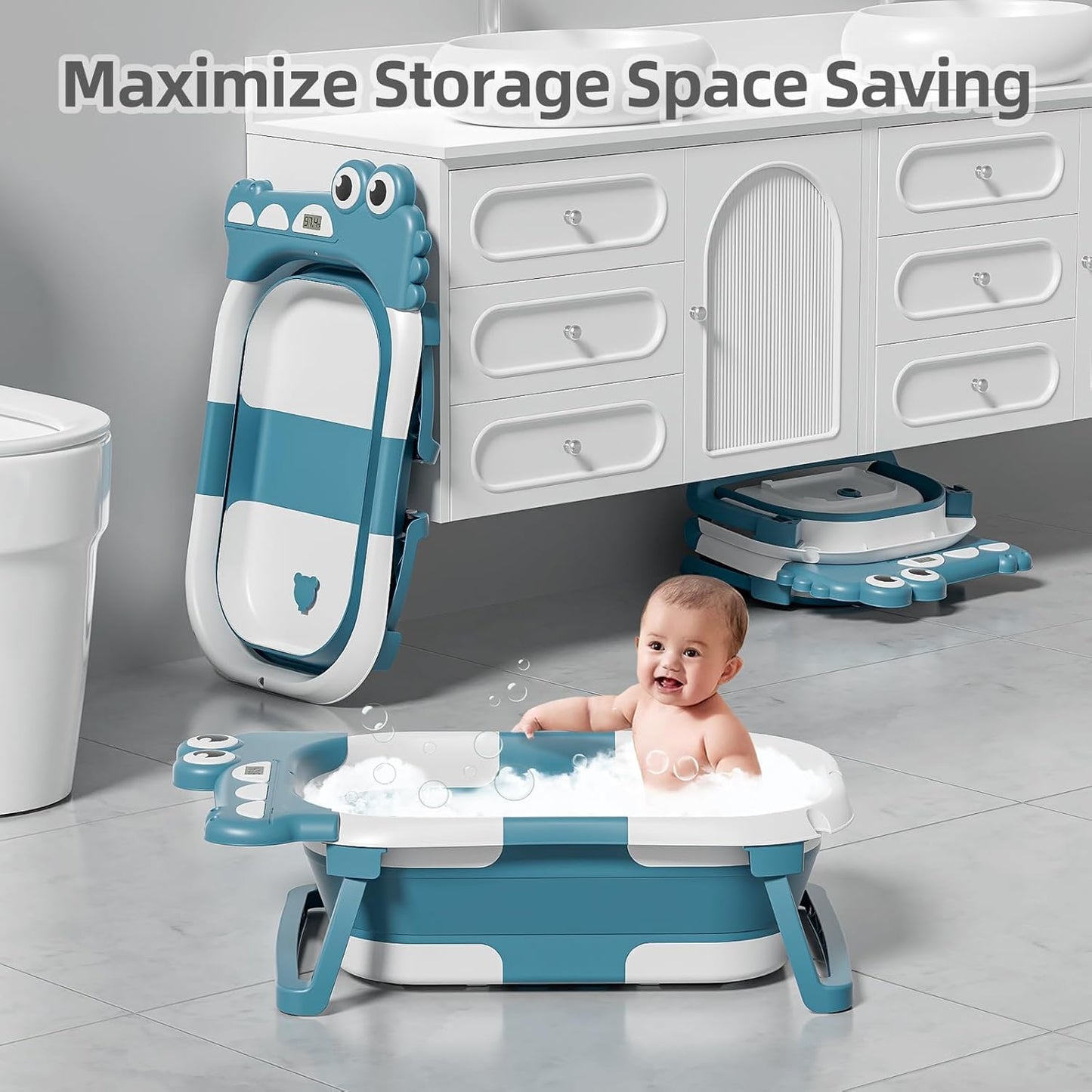 TPN Collapsible Baby Bathtub, Baby Bath Tub with Soft Cushion & Real-Time Thermometer, Baby Bathtub