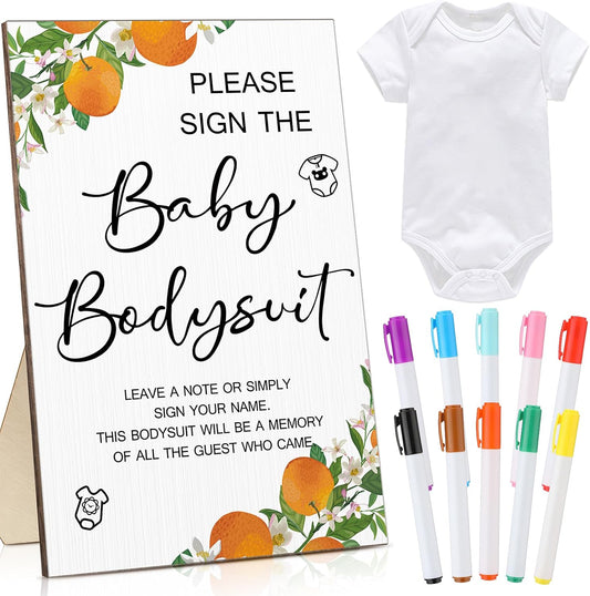 Qunclay 12 Pcs Baby Bodysuit Baby Shower Game Include 1 Game Wooden Sign Tabletop Decor 1 White Blank Newborn Bodysuit 10 Fabric Marker for Gender Reveal Party(Orange)