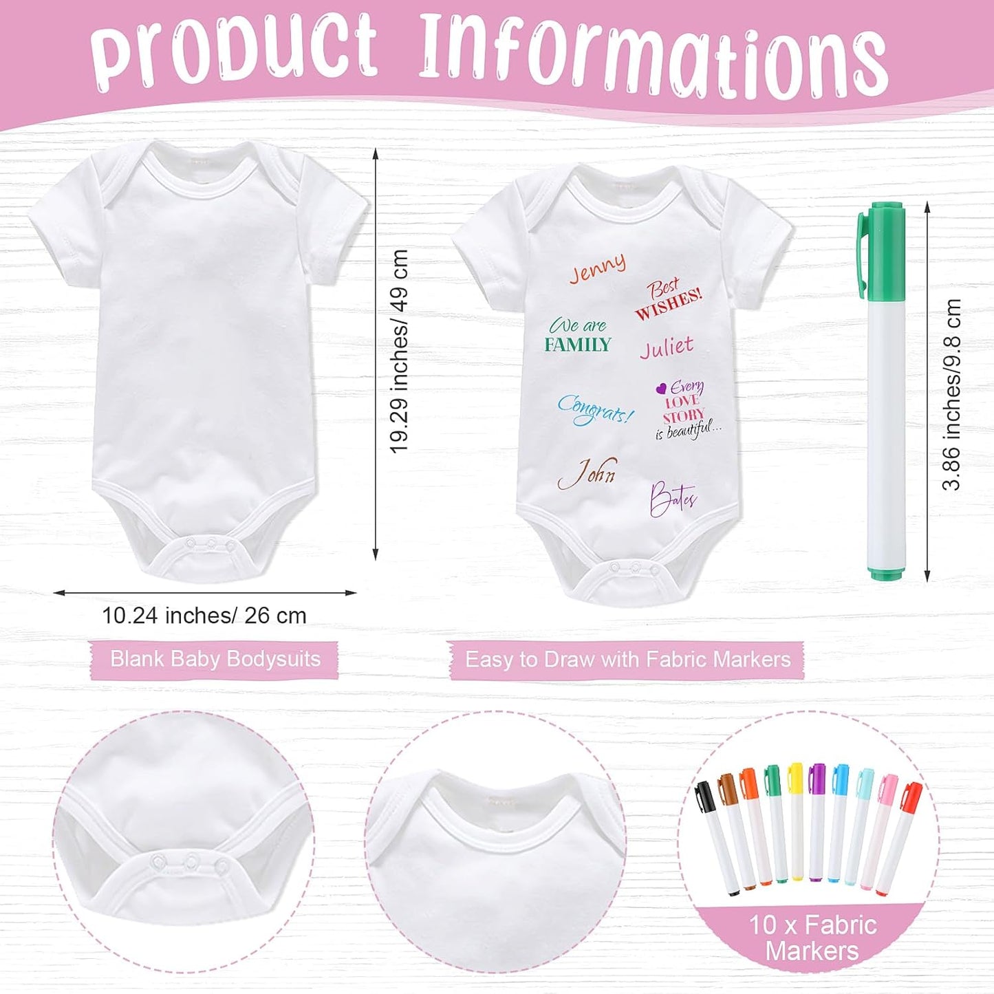 Qunclay 12 Pcs Baby Bodysuit Baby Shower Game Include 1 Game Wooden Sign Tabletop Decor 1 White Blank Newborn Bodysuit 10 Fabric Marker for Gender Reveal Party(Butterfly)