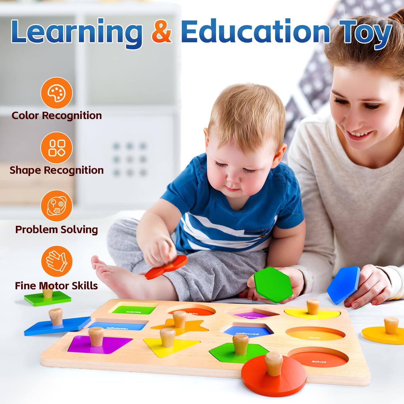 Wooden Shape Peg Puzzles for Toddlers 1 2 3 Year Old Boys Girls Gifts: Shape Sorter & Color Match
