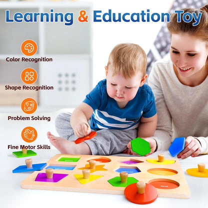 Wooden Shape Peg Puzzles for Toddlers 1 2 3 Year Old Boys Girls Gifts: Shape Sorter & Color Match