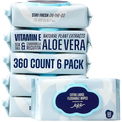 Flushable Wet Wipes - 6 Large Packs (360 Ct) - Unscented Extra-Large Body & Hand Tissue with Vitamin E & Aloe - For Adults, Children & Kids - Ideal for Home, Bathroom, Car & Everyday Hygiene