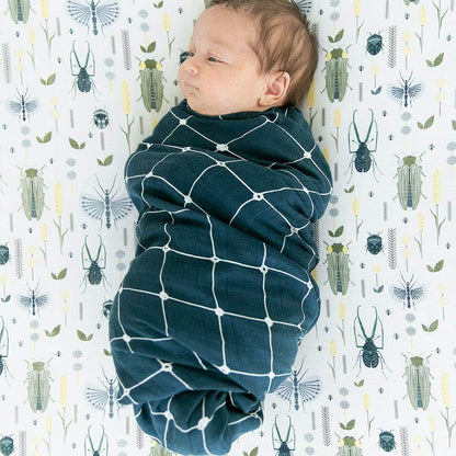 GRACED SOFT LUXURIES Premium Muslin Baby Swaddle Blankets 2 Pack | Large 47 x 47 inch | 100% Cotton Muslin Newborn Infant Swaddle Receiving Blanket Wrap (Busy Bugs | Dotted Grid)