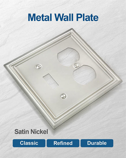 2-Pack Combination Toggle/Duplex Wall Plate, Wall Outlet Covers for Double Light Switches, Receptacle Outlet, Dimmer Switch, Satin Nickel Finish, Midsize, A031 Series