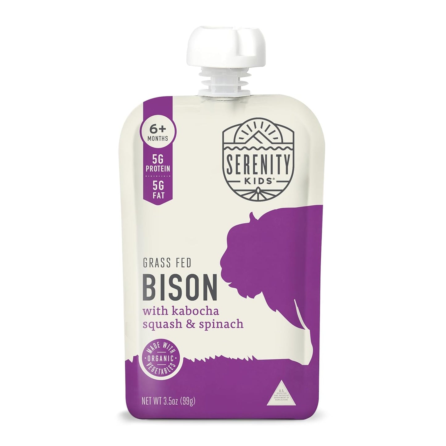 Serenity Kids Baby Food Pouches, Grass Fed Bison with Organic Kabocha Squash & Spinach, For 6+