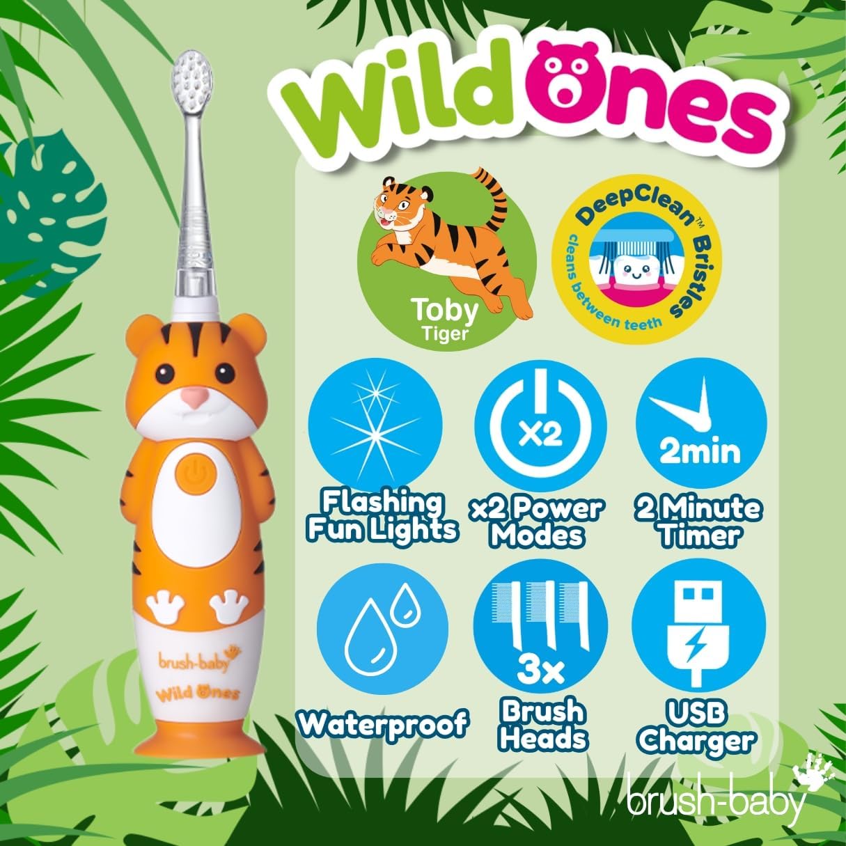 brush-baby WildOnes™ Rechargeable Kids Electric Toothbrush – Toby Tiger | Flashing Lights, 2-Min
