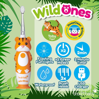 brush-baby WildOnes™ Rechargeable Kids Electric Toothbrush – Toby Tiger | Flashing Lights, 2-Min