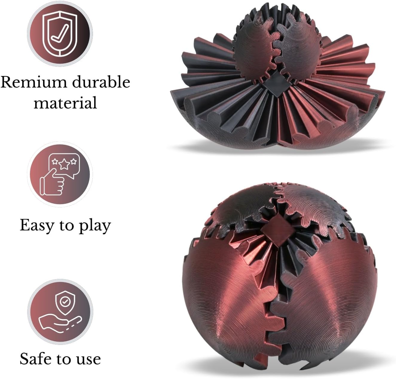 3D Printed Gear Ball, Gear Sphere Fidget Toy Stress Relif Toy for ADHD, Anxiety Relaxing Toy for Adults at Work/Study/Travel, Red-Black