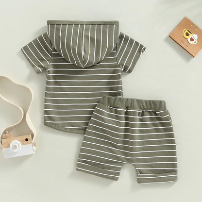 Toddler Baby Boy Summer Hooded Outfit Contrast Color Short Sleeve T Shirt Top Elastic Shorts Summer Clothes Set
