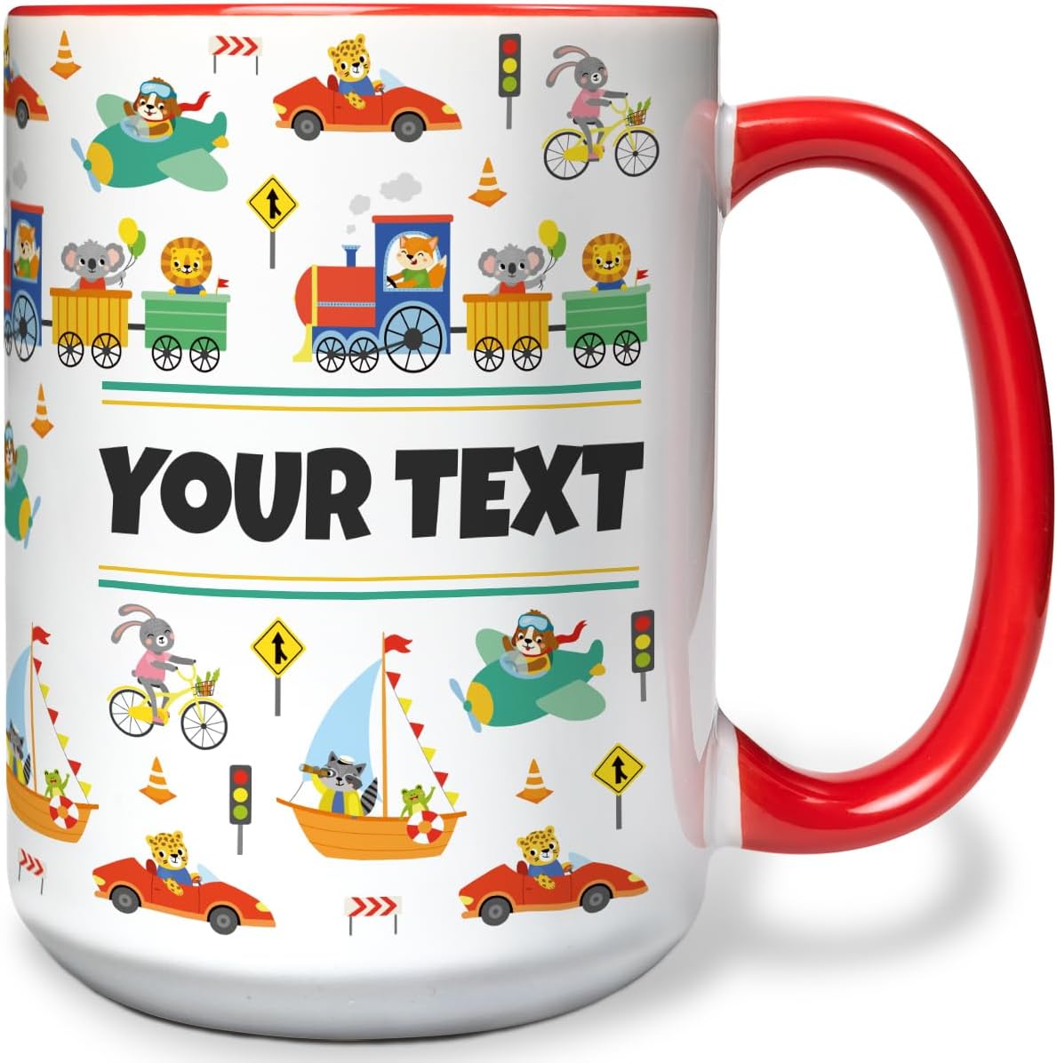 Personalized Mug for Kids - Vehicles - Custom Name/Text, Ceramic Hot Chocolate/Cocoa/Coffee Cup for Boys, Birthday/Christmas/Holiday Gift - 15 oz, Red Handle