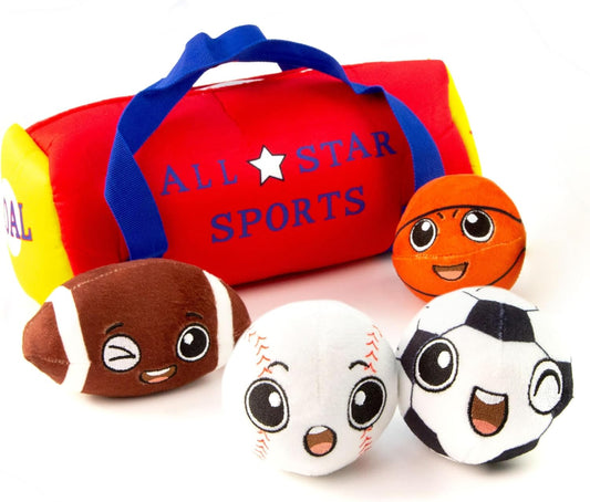 My First Sports Bag with 4 Plush Sports Balls - Rattle Balls for Baby with Soft Football, Basketball, Baseball, Tennis Ball & Soccer Ball for 1 Year Old Toys - Baby Toys for Toddler