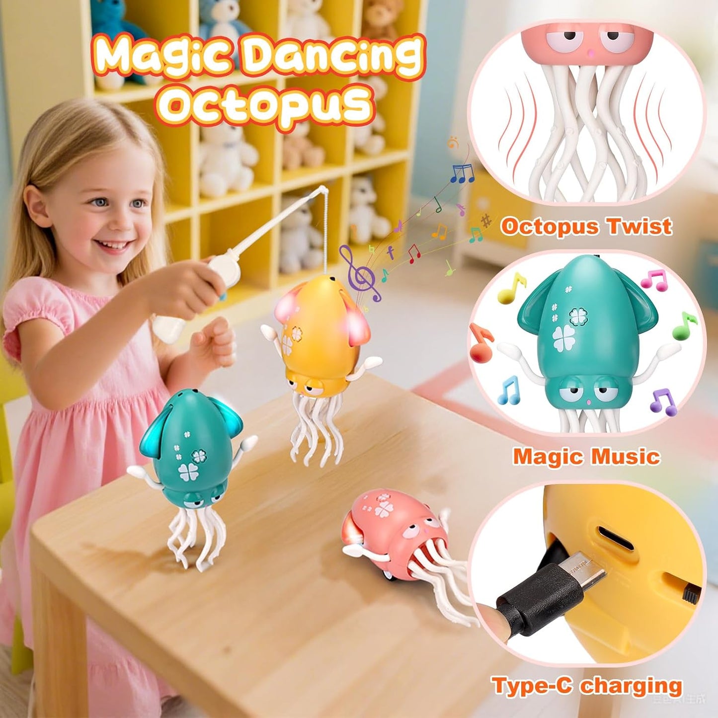 Magic Electric Dancing Octopus Toy with Led Light and Music,Playful Automatic Evasion Crawling Dancing Octopus with Fishing Rod,Smart Tentacle Explorer Dancing Squid Toy Tummy Time Baby Toys,Yellow