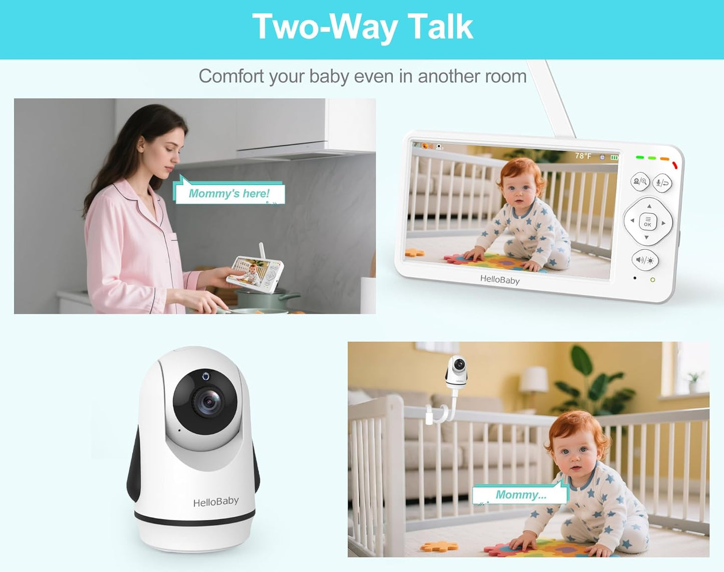 HelloBaby Baby Monitor with 2 Cameras, Large 6'' Video Baby Monitor No WiFi,30-Hour Long Battery, 320° Pan-Tilt Camera with 2X Zoom, Auto Night Vision, 2-Way Talk,ECO,1000ft, Portable, 150 Languages