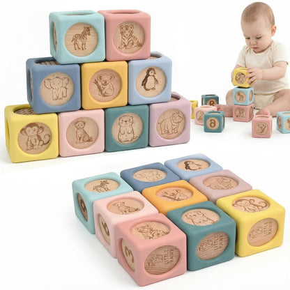 Little Rawr 9 Pcs Baby Silicone & Wooden Stacking Blocks, Food-Grade Silicone Baby Toy with Natural