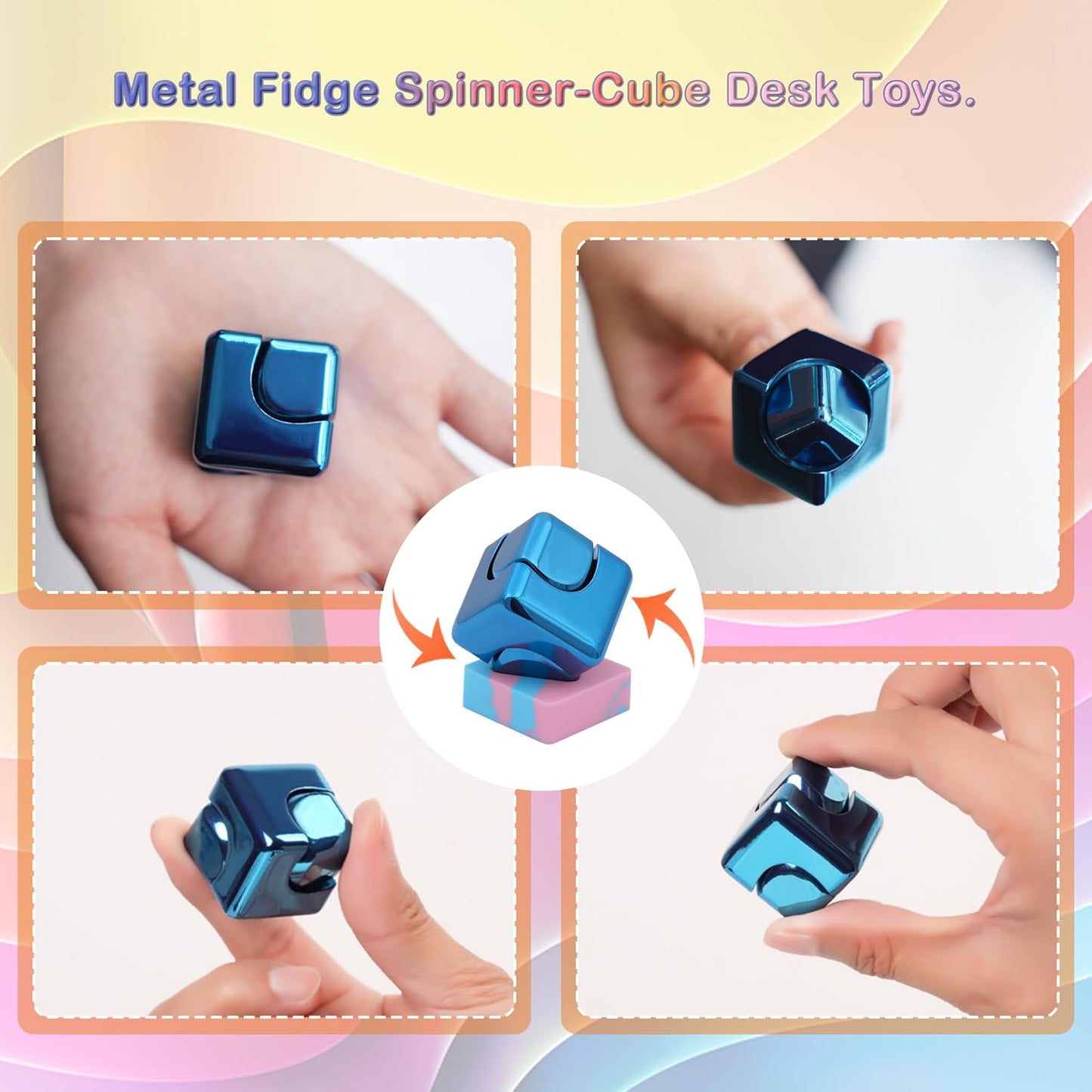 Desk Fidget Toys Spinner-Cube: Figetsss Cool Gadgets Metal Kinetic EDC-Toy with Silicone Base, ADHD Tools Cool Stuff Thing Office Toy Game Stress Relief Gift for Kid Children Teen Adult Christmas
