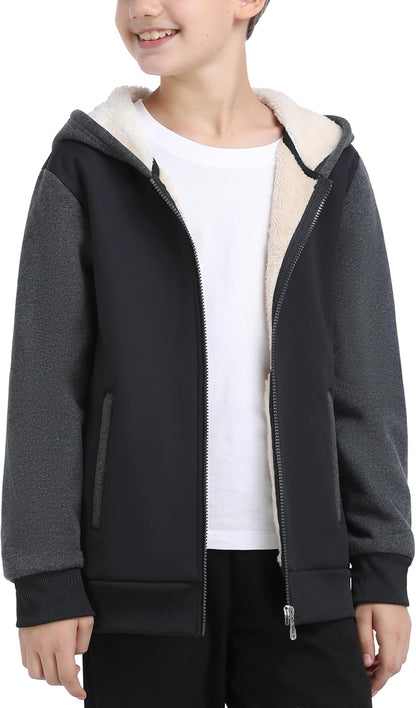 MoFiz Kids Fleece Jackets Sherpa Lined Hoodie Jacket Hooded Zip up Sweatshirt Coats for Boys Girls Winter Casual Outerwear