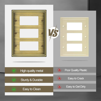 2 Pack Triple Decorator Switch Covers Wall Plate, Antique Brass Metal Material Rocker Switch Plates, 3 Gang Wall Plate for Receptacle, GFCI Outlet, Dimmer Switch - Classic Style