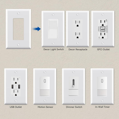 ELEGRP Decorative Receptacle Wall Plate, 1-Gang Mid Size Decorator Covers, Unbreakable Polycarbonate Faceplates for Decorator Device, UL Listed, Screws Included (2 Pack, Glossy White)