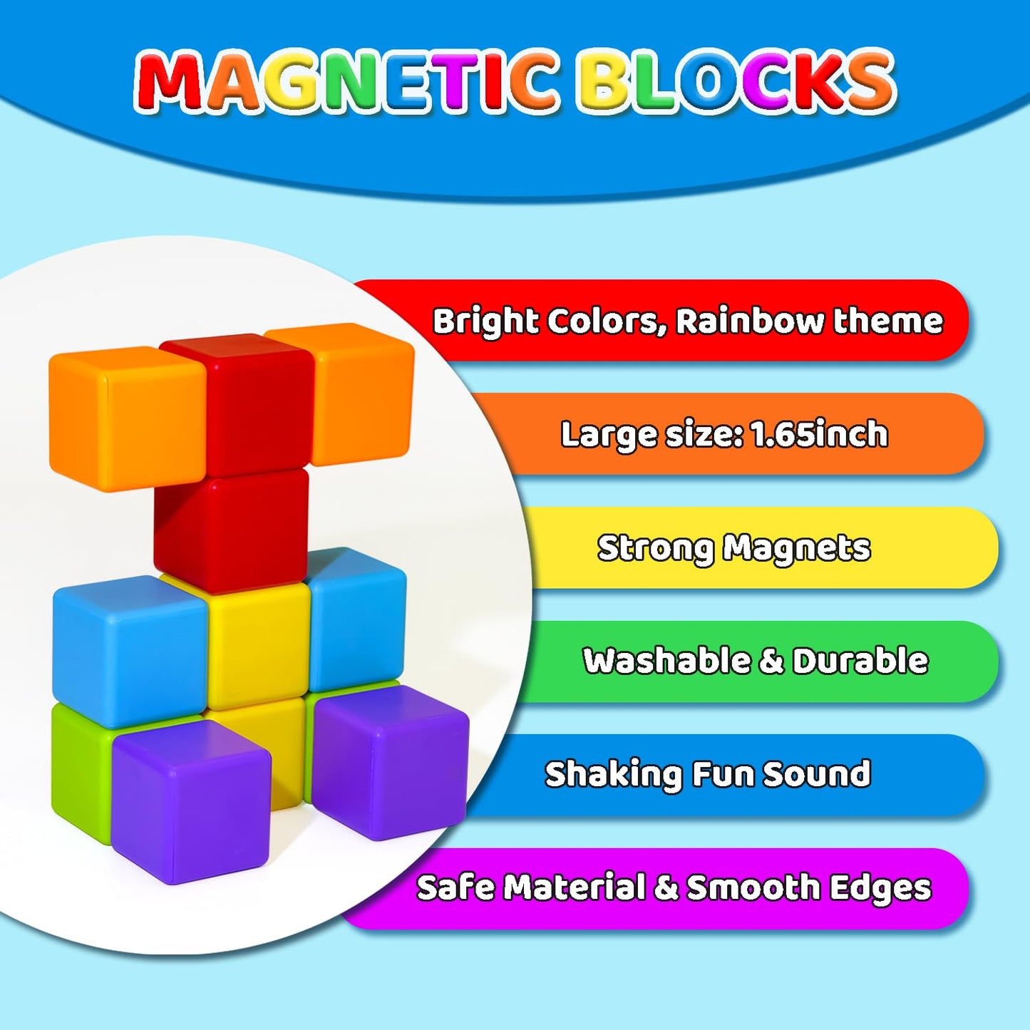 Magnetic Building Blocks Large, 1.65 inch Magnetic Stacking Cubes for Toddlers, Sensory &