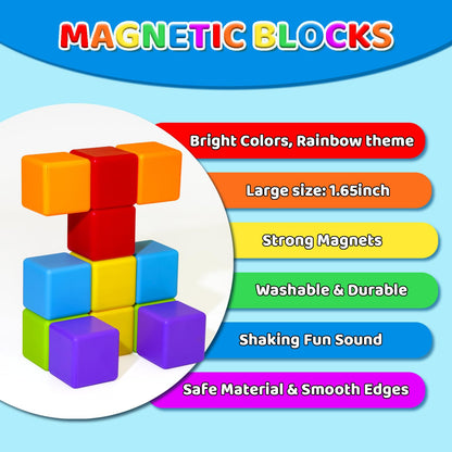 Magnetic Building Blocks Large, 1.65 inch Magnetic Stacking Cubes for Toddlers, Sensory &