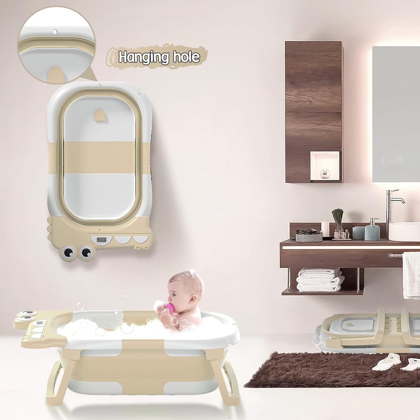 Collapsible Baby Bathtub for Newborn, Foldable Baby Bath Tub with Thermometer & Soft Floating
