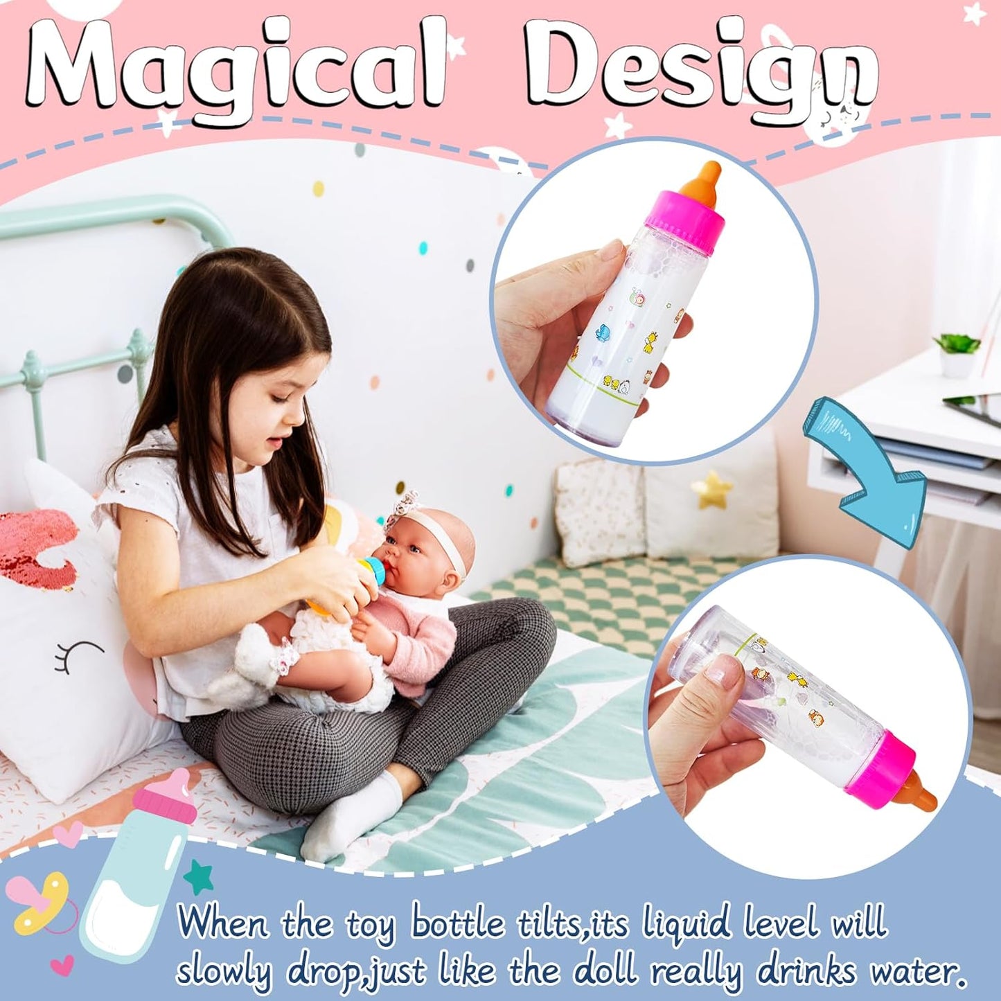 12 Pcs Baby Doll Accessories Magic Bottle set,Pretend Play Feeding Toy Set with Package,Doll