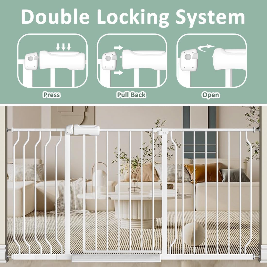 TSAYAWA Extra Wide Baby Gate with Door,33.8-38.5 Inch Walk Through Large Long Child Gates for Stair Doorway - Indoor Outdoor Safty Gate for Toddler Pet Dog Doggie White