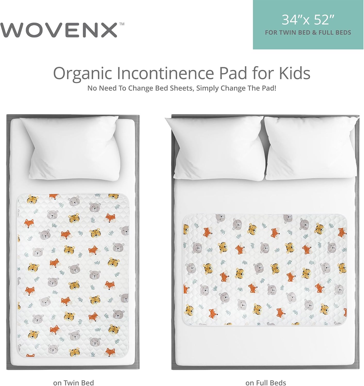 Organic Incontinence Pads for Kids & Toddlers - 5 Layer Waterproof Protectors for Overnight Bed