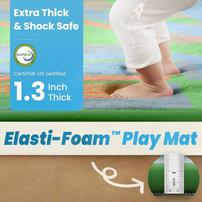 Race Track Playmat Rug, 1.3" Toddler Safety Elasti-Foam Playmat 59"×79" Fun and Education Large Floor Mat for Crawling Activity Race Car Track Play Mat for Boys & Girls