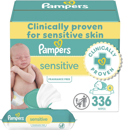 Pampers Baby Wipes, Sensitive, Water Based Wipe, Clinically Proven, Hypoallergenic, and Unscented for Babies, 336 Wipes Total (4 Flip-Top Packs)