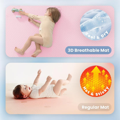 Baby Play Mat for Summer, 1.3 Thick Extra Large Memory Foam Cooling Floor Tummy Time Mat, Soft & Breathable, Non-Slip Rectangular for Toddlers’ Playtime & Rest(Pink,79"x118")